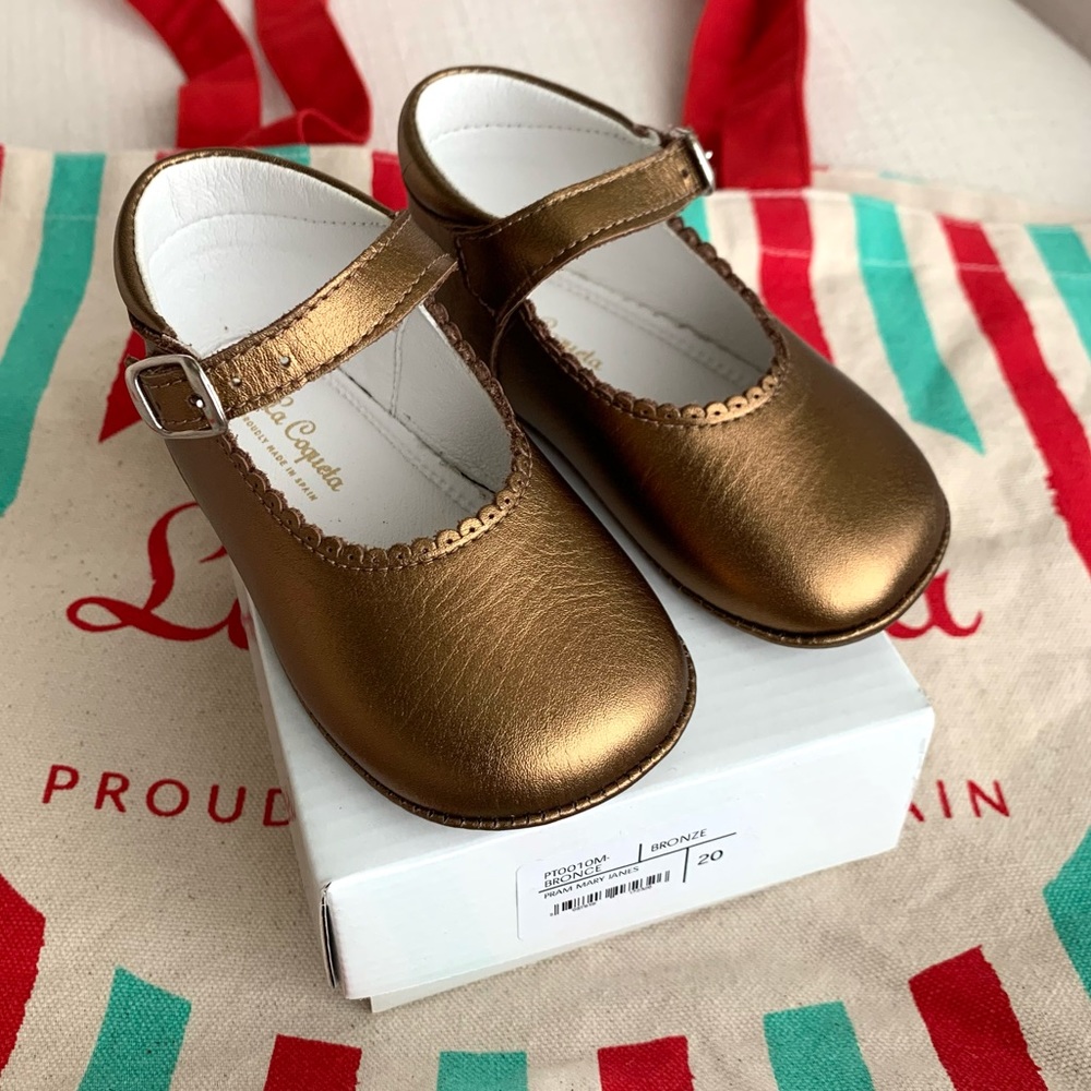 La Coqueta NWT Mary Jane Baby Shoes in Bronze Leather + Holiday Tote Bag